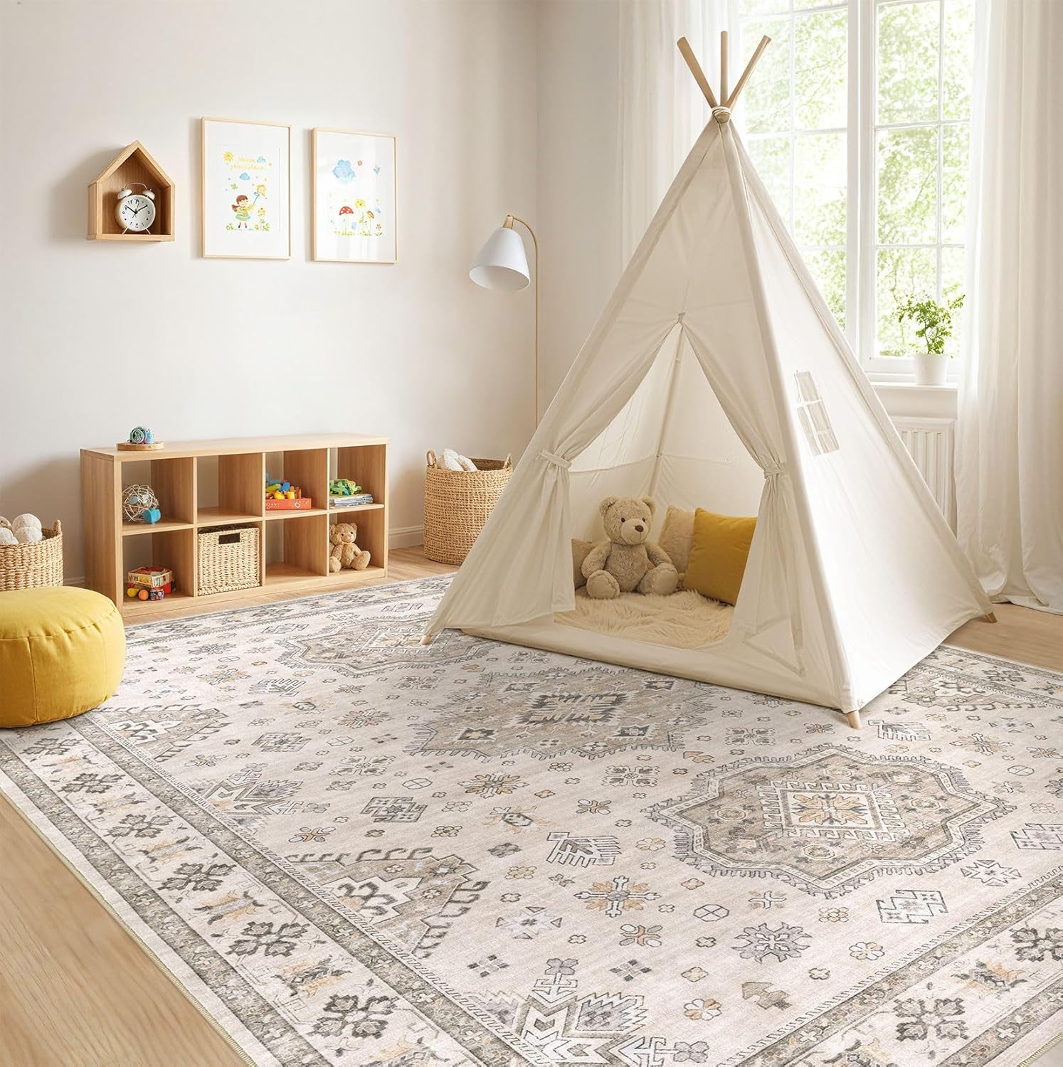 Washable Area Rugs for Living Room -9x12 Neutral Vintage Distressed Floral Farmhouse Boho Large Soft Floor Rug Indoor Non Slip Carpet for Living Room Bedroom Dining Room Office -Beige Brown